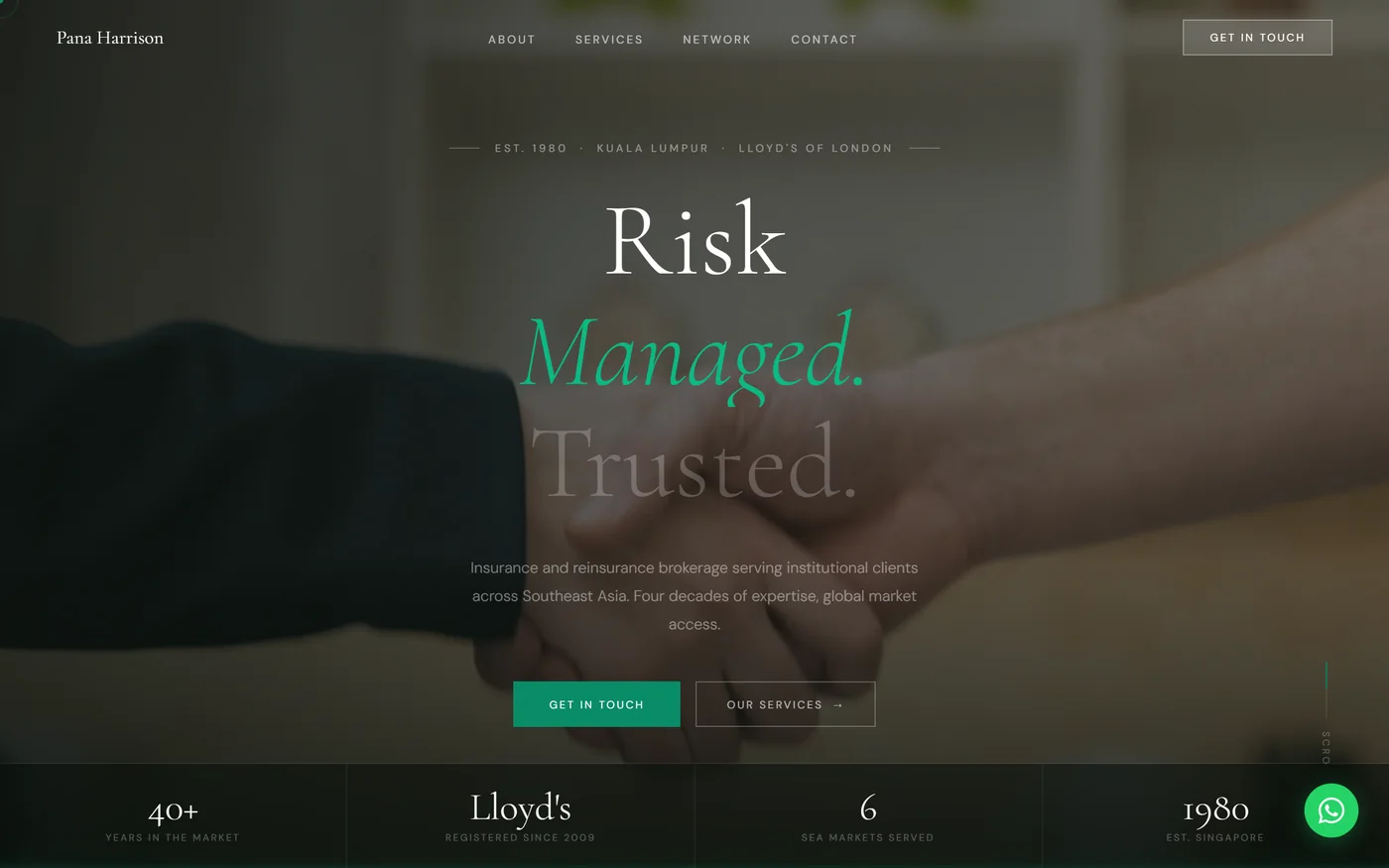 Version 1: a dark full-bleed photograph of two people shaking hands, with the headline Risk Managed. Trusted. and a bar underneath reading forty-plus years, Lloyd's, six markets, 1980.